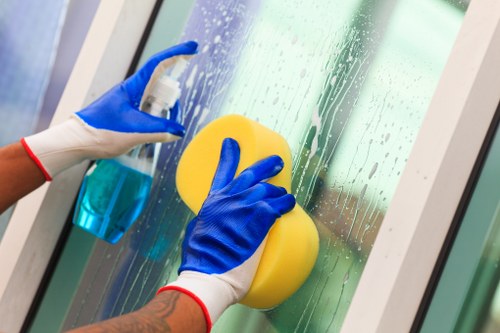 Carpet cleaning technician preparing equipment safely in a home
