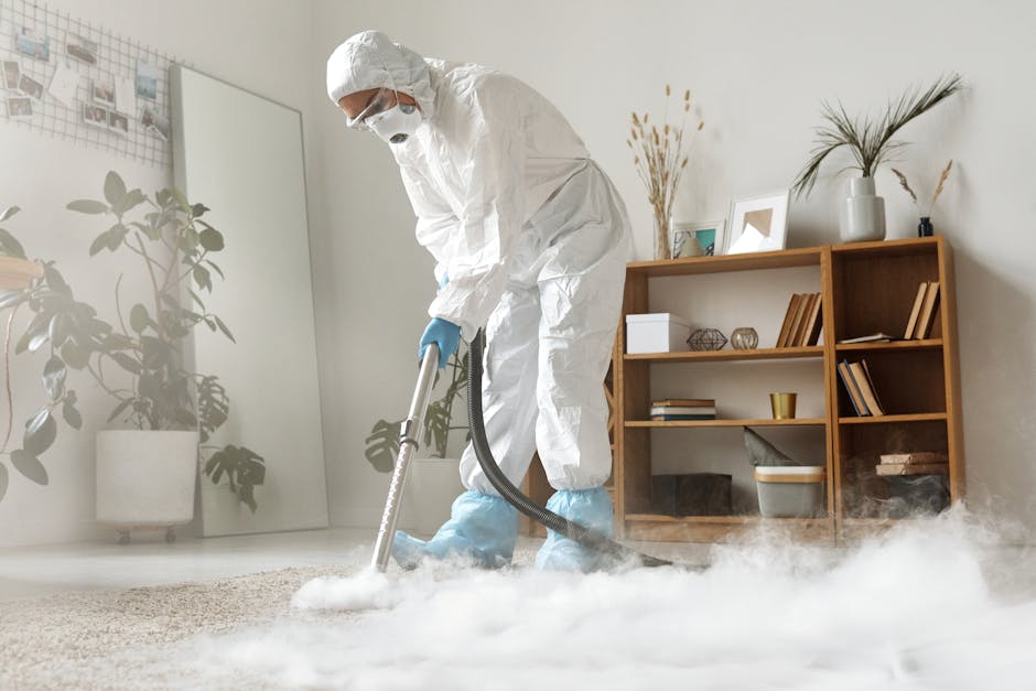 A person wearing a beige shirt and jeans is kneeling on a patterned carpet in a room, using a yellow and black vacuum cleaner to perform surface cleaning and deep cleaning of the carpet. The vacuum cl